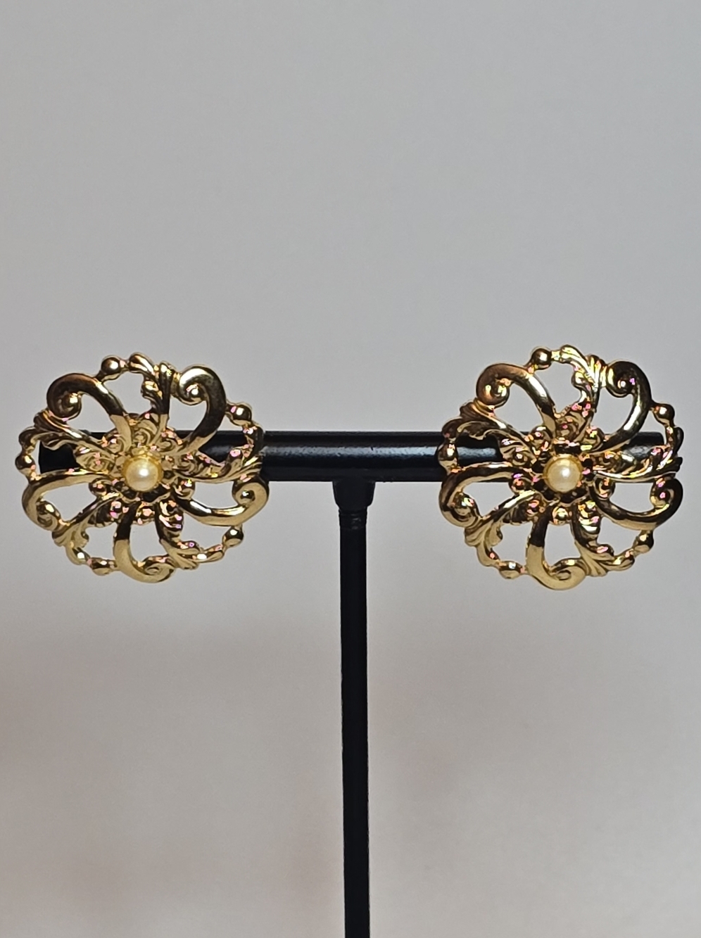Gold-Tone Floral Filigree Earrings with Pearl Center